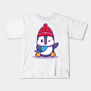 Cute Penguin With Fish Kids T-Shirt